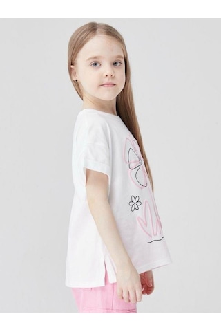 Escabel Kız Çocuk Pamuklu Çiçek Baskılı T-shirt-14028 Ekru
