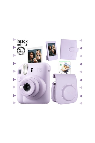 Fujifilm Instax Mini 12 Fotoğraf Makinesi + 10'lu Film + Çerçeve + + Kare Albüm + Deri Kılıf Seti Lila