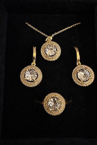 Çelik Büyük Zirkon Taşlı 3 Lü Gold Takı Seti