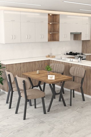 Gnr 70x110cm Sabit Atlantik Mutfak Masası Takımı, Yemek Masası, 4 Modern Cappucino Sandalye Cappuccino