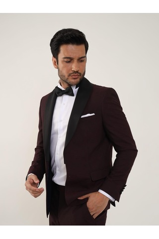 Dufy Bordo Erkek Slim Fit Düz Sivri Yaka Smokin Takım - 84171-Bordo