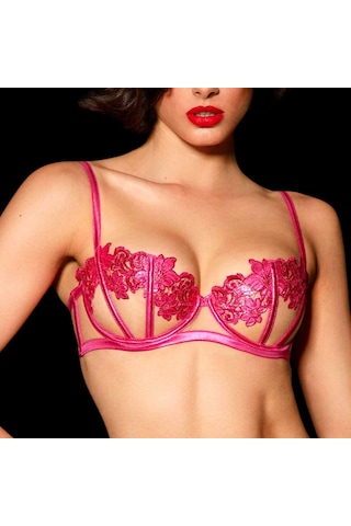 Çiçek İşlemeli Parlak Fuşya Transparan Balenli Jartiyer Takım