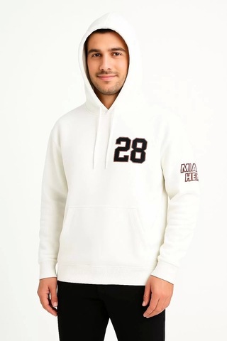 Üç İplik Kapüşonlu Ön Ve Arka Baskılı Sweatshirt Hoodie - Beyaz Beyaz