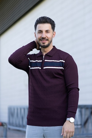 Hk Premium Kazak Polo Yaka Fermuarlı Şerit Detaylı Triko Bordo