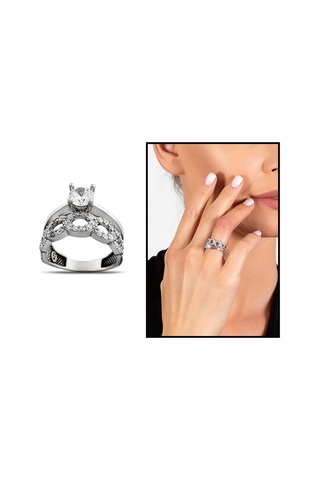 Zirkon Taşlı Zincir Tasarım 925 Ayar Gümüş Kadın Tektaş Yüzük (475776757)