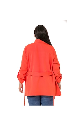 Büyük Beden Şal Yaka Kuşaklı Katlamalı Kollu Turuncu Ceket