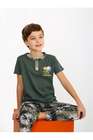 Vitmo Erkek Çocuk Kısa Kollu Düğme Detaylı %100 Pamuklu Pijama Takımı The Palm Yeşil
