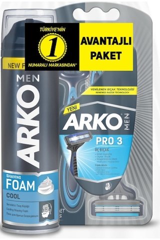 Arko Men T3 Pro3 Tıraş Bıçağı 3'lü + Cool Tıraş Köpüğü 200 ML