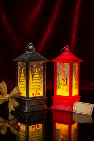 Led Işıklı Noel Feneri 2 Li Set Çam Ağacı & Bambi Temalı Dekoratif Yılbaşı Lambası 14 Cm 12 CM