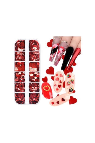 Kırmızı Tırnak Süsleme Folyo Pulları Kalp Dizayn Nail Art