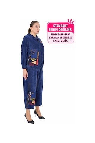 ALANYAXXL Büyük Beden Kadın Picasso Desenli Göz Aplikeli Boncuk İşlemeli Kapüşonlu Fermuarlı Pamuklu Twill Dokuma 50-52 Beden Alt Üst Takım Mavi