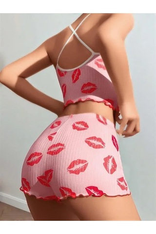 Atyticaret Kadın Pamuklu Kiss Öpücük Desen Pembe Şortlu Pijama Takımı