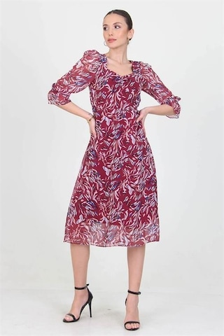 Dip Moda Kadın Kalp Yaka Desenli Şifon Elbise Dpry0030 Bordo