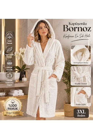 Slc Home %100 Pamuk 2xl / 3xl Büyük Beden Bornoz Kapüşonlu Beyaz