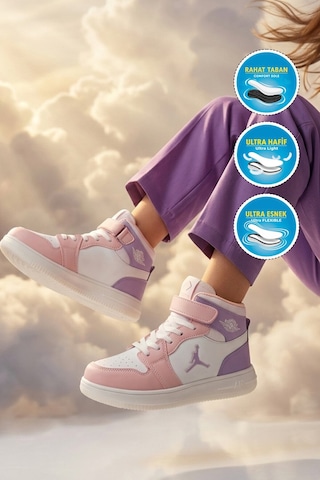 Cool Beyaz-pudra Cırtlı Basket Tarzı Bilek Boy Sneaker Kız Çocuk Spor Ayakkabı Haykat Uzun Air Beyaz - Pudra
