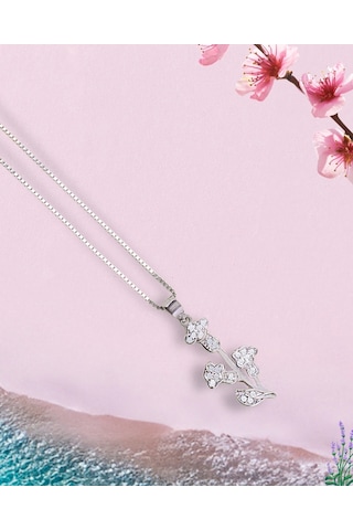 Brezza Lusso Jewelry Zirkon Taşlı Pırlanta Model Çiçek Dalı Kadın Gümüş Kolye 45 CM 45 CM