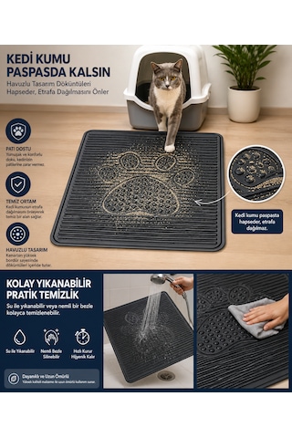 Kedi Kumu Paspası 60x42 Havuzlu Kaymaz Yıkanabilir Kedi Tuvalet Altlığı Döküntü Önleyici Mat