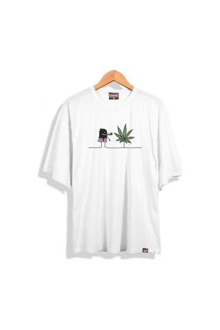 Flood Of Style Erkek Beyaz Weed Baskılı Oversize Bisiklet Yaka Tshirt