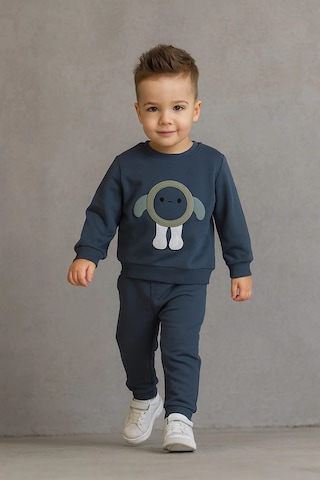 Erkek Çocuk Nakışlı İki Parça Eşofman Takımı %100 Pamuk Füme