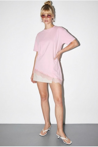 Shade Kadın Dantel Detaylı Asimetrik Kesim Kısa Kollu T-shirt 1078 60286069 - Pembe