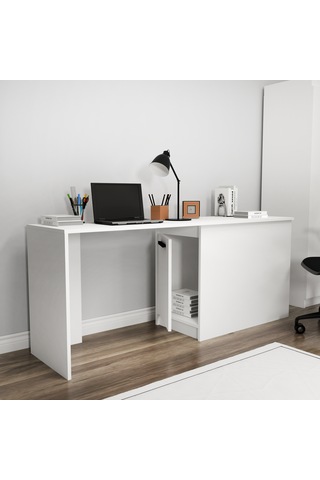 Arnetti Akser Geniş Dolaplı Çalışma Masası – Beyaz Bilgisayar Masası, Modern Tasarım Beyaz