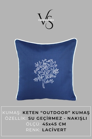 Kırlent Kılıfı 45x45 3'lü Set Marin Nakışlı Yosun Desen Su İtici Outdoor Keten Tekne Bahçe Lacivert