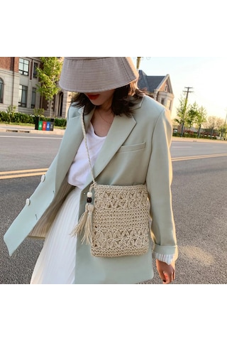 Dofolink Bej Kağıt Ip Örgü Çapraz Askılı Çanta - El Yapımı, Delikli Detaylı, Yaz Tatili Ve Plaj İçin Bej