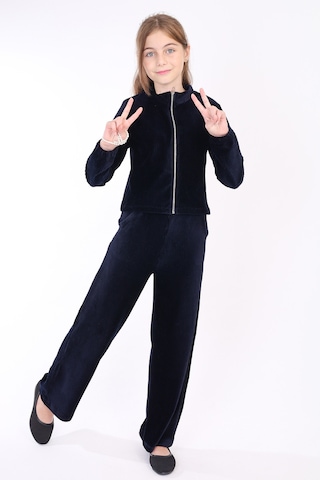 Toontoy Kids Toontoy Kız Çocuk 2'li Takım Dik Yaka Fermuarlı Sweatshirt & Beli Lastikli Cepli Bol Paça Eşofman Altı - Kadife Lacivert