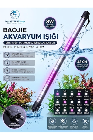Baojie Akvaryum Işığı - Bitki Işığı - Balık Işığı - Tamamen Su Içinde Kullanılabilir - 24 Led - Pembe Beyaz - 48 Cm - Güçlü Aydınlatma - 8w