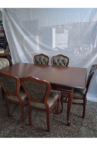 Masa Sandalye Tk 90616 Klasik Model Kayın Aslan Ayak Oymalı Ceviz Orta Açılır Masa Kahverengi