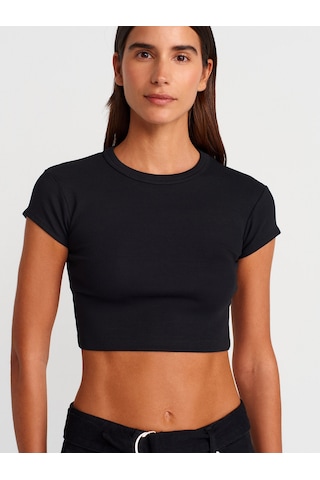 Dilvin 31810 Bisiklet Yaka Crop T-shirt-siyah Siyah