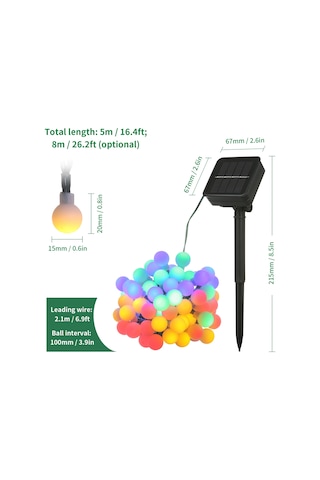 Jeemson Güneş Enerjili Renkli Top Lambalar Zinciri - 8 Mod, Ip44 Su Geçirmez, 8m 60 Led Çok Renkli