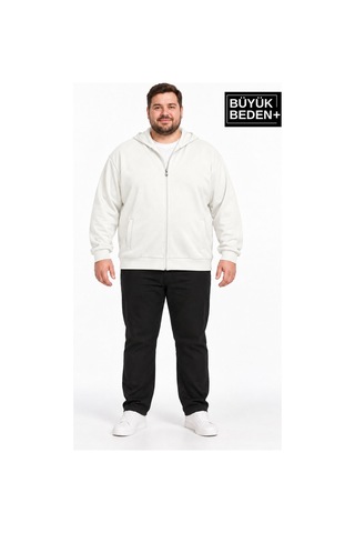 Süperlife Erkek Büyük Beden İki İplik Kapüşonlu Fermuarlı Cepli Sweatshirt Hırka Spr26bhr961 Ekru - Kahverengi