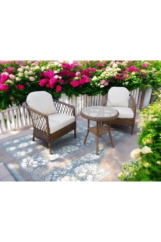 Monalin Mobilya Miami Kahverengi 2 Kişilik 1-1-masa Rattan Örgü Bahçe & Balkon & Teras Oturma Grubu Minderli & Camlı & Masalı Takım Kahverengi