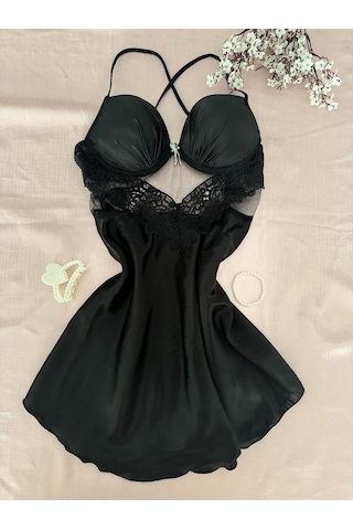 Mh Moony Homewears Ultra Lüks Kutulu Zonzanty Saten Gecelik Tül Sabahlık Seti Siyah