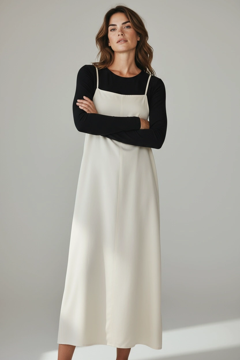 Kadın Ayarlanabilir İp Askılı Dabıl Kumaş Elbise Krem