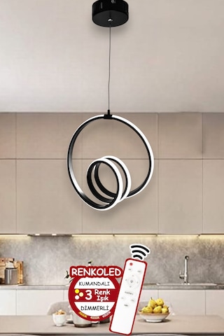 Kumandalı 3 Renk Işıklı Modern Sarkıt Led Avize Ledli Avize Antre Siyah