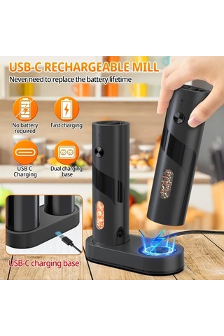 Motion003 2 Adet Üstten Doldurmalı Otomatik Elektrikli Biber Değirmeni Seti Ayarlanabilir Öğütme Kalınlığı Büyük Kapasite Ev Mutfak İçin Led Işık Ahşap