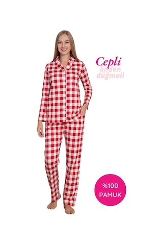 Alimer Kadın Ekose Desen Gömlek Yaka Önden Düğmeli %100 Pamuk Penye Mevsimlik Uzun Kol Cepli Pijama Takımı Kırmızı