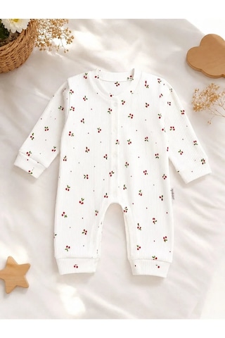 Ferasty İstanbul Kız Bebek Tulum Kirazlı Bebe Yaka Beyaz
