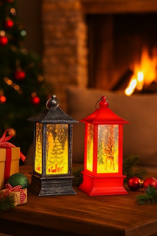 Led Işıklı Noel Feneri 2 Li Set Çam Ağacı & Bambi Temalı Dekoratif Yılbaşı Lambası 14 Cm 12 CM