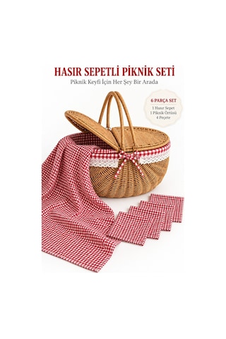 Hasır Görünümlü Oval Sepet 38 Cm + Piknik Seti 5 Parça Krem