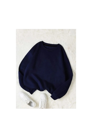 Swoord Bisiklet Yaka Unisex Oversize Sweatshirt 3 Iplik Şardonlu Pamuklu Baskısız Lacivert