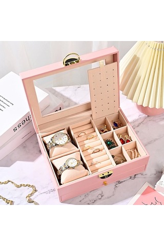 Dışı Deri İçi Kadife Kilitli Çekmeceli Takı Bijuteri Mücevher Kutusu Organizer Düzenleyici Pembe İth