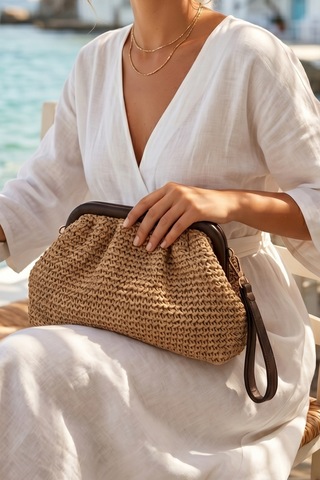 Vivazzaluxe Vintage Model Örme Hasır Kadın Portföy Clutch Çanta Koyu Bej