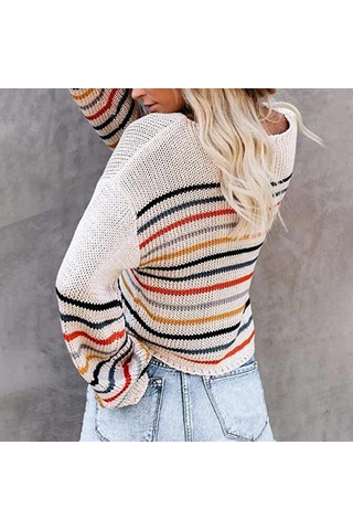 Kadın Uzun Kollu Günlük Düşük Omuz Örgü Kazak Renkli Çizgili Büyük Boy Kazak Üstler Siyah