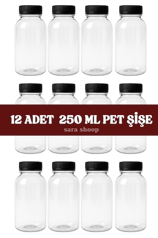 250ml Pet Yuvarlak Şişe Ve Siyah Kapak 12 Adet Şeffaf - Siyah