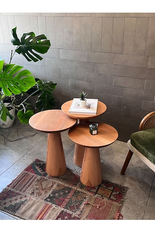 3'lü Zigon Mantar Sehpa Mushroom Masif Ahşap Modern Yan Sehpa Takımı Siyah