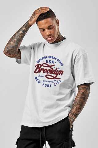 Erkek Beyaz Oversize Brooklyn Baskılı T-shirt Beyaz