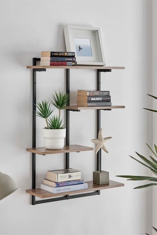Aju Modern Duvar Rafı - 4 Katlı Metal Şık Modern Yüzen Pencere Duvar Rafı Kitaplık Düzenleyici Raf Siyah